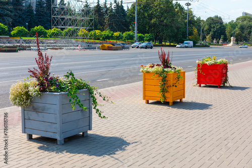 Colorful flowers in pots on the street in summer. Chisinau city downtown street, Moldova
