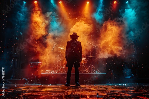 man with a hat and coat is standing in front of microphones on stage