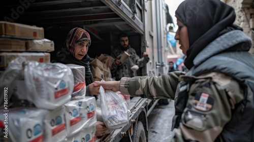 Humanitarian aid workers distributing supplies in war zones