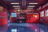 A red room with a clock on the wall Fire Department The room is empty and has a lot of red objects
