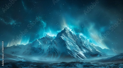 AI generated illustration of a snow-covered landscape under the northern lights on a chilly night