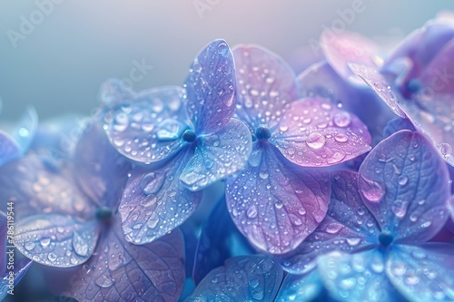 AI generated illustration of pastel blue and purple hydrangea flowers with dew drops