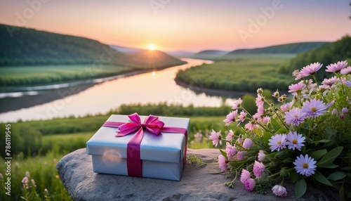 AI-generated illustration of a white gift box on a rock with flowers © Wirestock