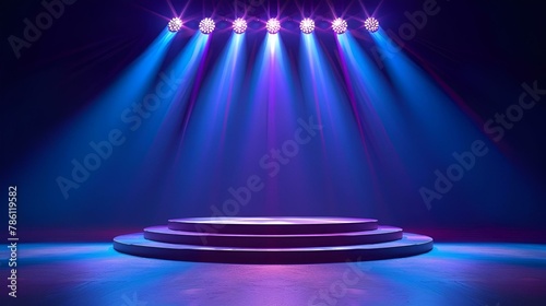 Stage with blue and pink lights beaming on a round pedestal, AI-generated.