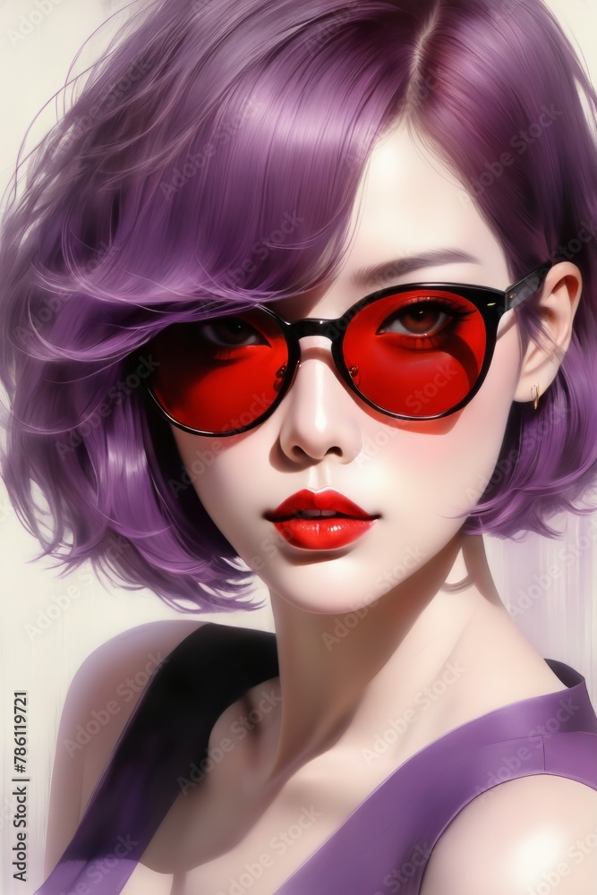 a young woman with a bright purple bob in her hair and red sunglasses