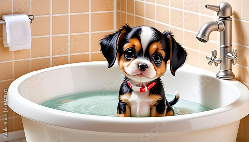 Cute puppy takes a bath in the bathroom basin.　かわいい子犬がバスルームの洗面器で入浴します。 photo