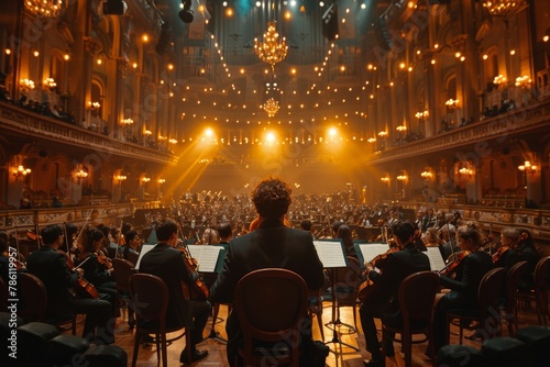 An orchestra in full swing, with a maestro leading, in the grandeur of a lavishly decorated concert hall © Dacha AI