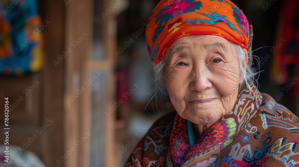 A Chinese old woman with a colorful hat and a red and white jacket. She is smiling and looking at the camera. A kind Chinese old lady with a kind smile