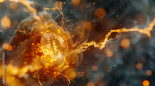 Golden bitcoin coin in fire flame, water splashes and lightning. Bitcoin Gold blockchain hard fork concept. Cryptocurrency symbol in storm illustration photo