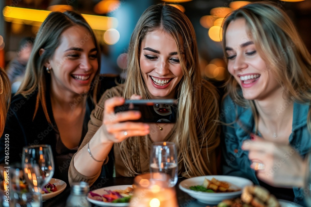 two women taking a selfie together at a restaurant table