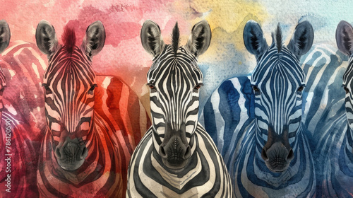 A group of zebras are seen standing closely together, showcasing their black and white striped coats in a unified formation photo