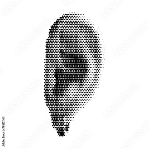 Halftone dotted male ear with earring. Vector textured ear for trendy y2k retro collage