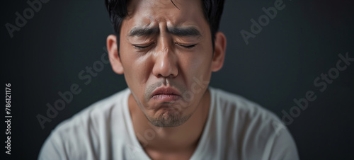 A Korean man with a sad expression on his face. He is wearing a white shirt. Concept of sadness and despair A Korean man in his 30s sighing