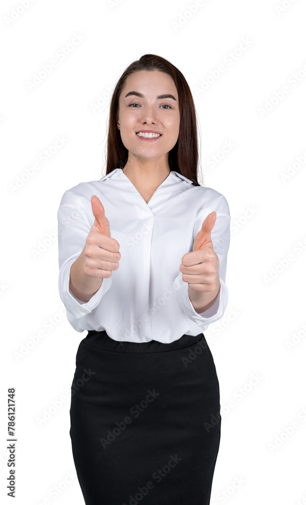 A woman in business attire giving thumbs up, isolated on a white background, embodying positivity and approval A woman in business attire giving thumbs up, isolated on a white background, embodying positivity and approval