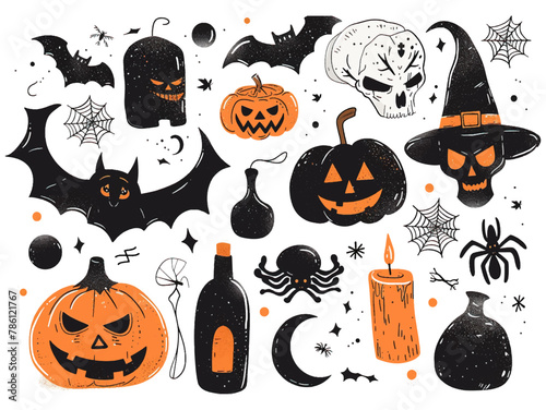 Halloween set with haunted house, raven, potion, bat, vampire mouth. Hand drawn illustration converted to vector