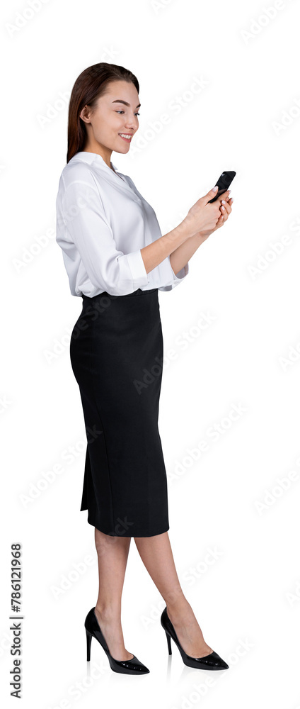 A woman in business attire using a smartphone, isolated on a white background, highlighting professional communication