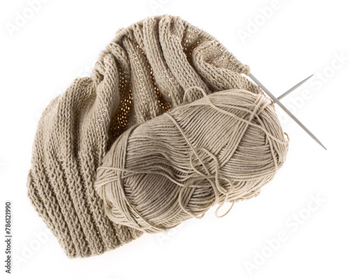 Knitting with needles and ball of yarn isolated on white background. Knitting project in progress. Hobby concept.