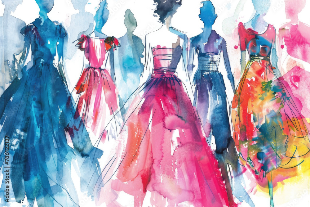 Multiple womens dresses displayed on a runway during a fashion show event Multiple womens dresses displayed on a runway during a fashion show event