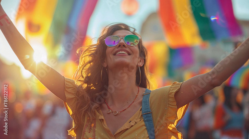 Joyful Woman Dancing at a Pride Parade with Vibrant Flags