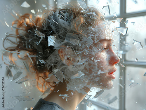 Visage de femme qui éclate en morceaux de verre brisés : trouble de l'identité, dissociation, personnalité fragmentée et dépression photo