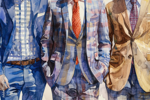 Vibrant watercolor art capturing the essence of stylish men dressed in suits with a blend of abstract shapes and colors