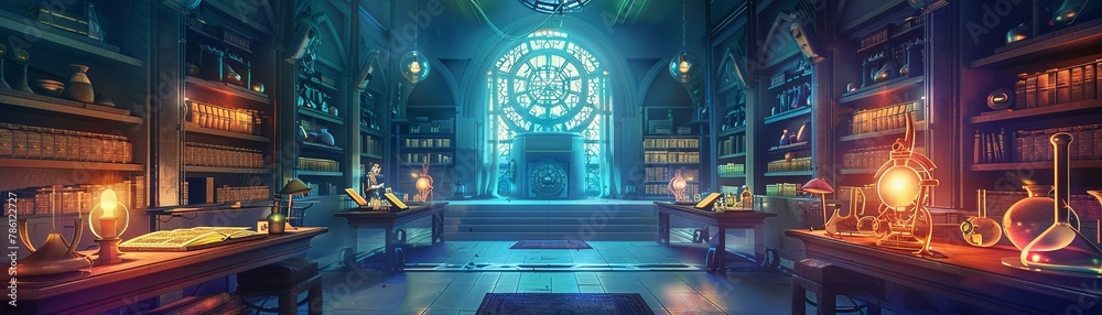 Futuristic alchemist guild, hightech lab with ancient texts, ambient light, wide interior, mystical - obrazy, fototapety, plakaty 