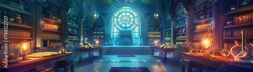 Futuristic alchemist guild, hightech lab with ancient texts, ambient light, wide interior, mystical photo