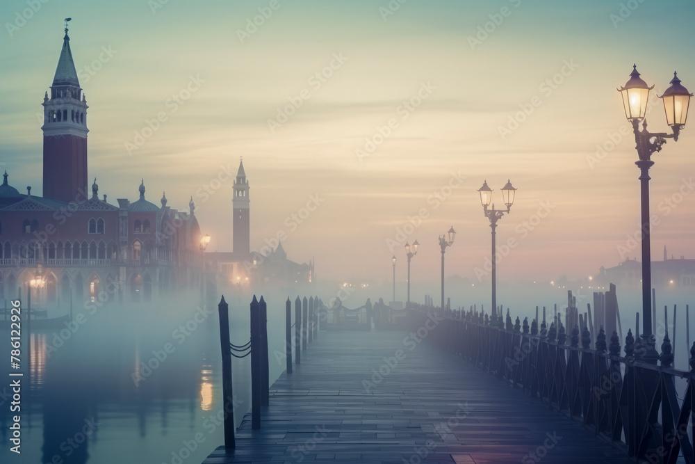 Obraz premium A serene, misty Venice scene at dawn with illuminated lampposts, a wet dock, and historical buildings emerging from the fog