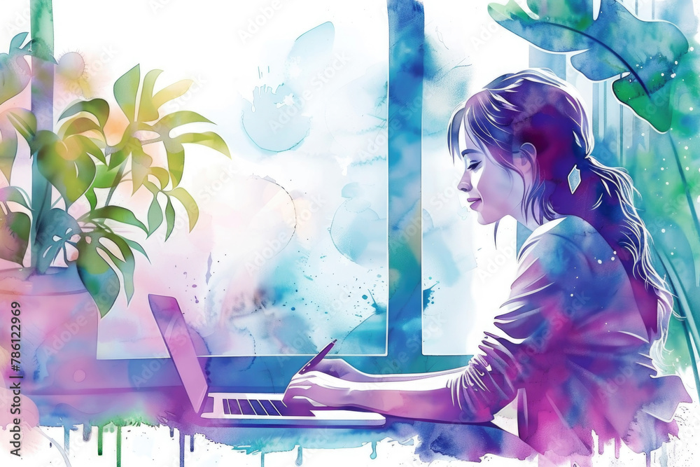 A watercolor painting of a woman sitting with a laptop open in front of her, focused on the screen A watercolor painting of a woman sitting with a laptop open in front of her, focused on the screen