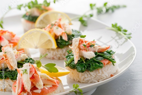 Open sandwiches with spinach and crab meat on rice cakes