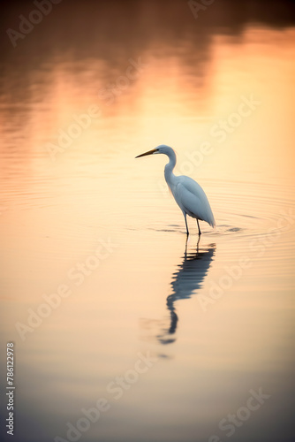 An egret stands in still waters against a golden sunset, reflecting serenity and the beauty of nature © larrui