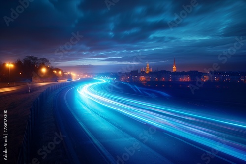 the blue lights are on and of a road with city lights
