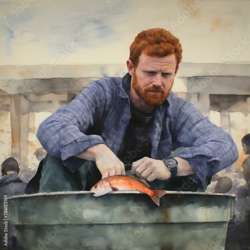 man with fish in a restaurant