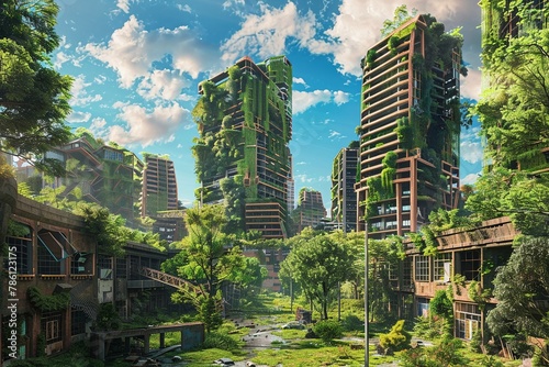 A postapocalyptic sanctuary where nature reclaims urban ruins, with a community living in harmony among overgrown skyscrapers and wild  photo
