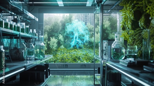 A holographic display of a human microbiome in a lab, with a view of a lush, green meadow photo