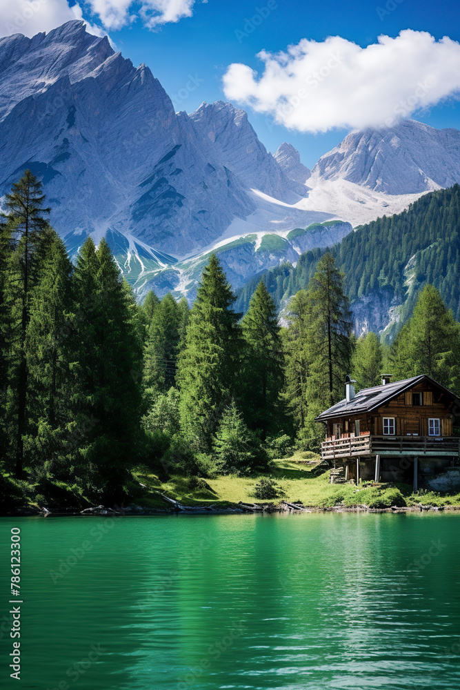 A serene landscape with a cabin by a turquoise lake, lush greenery, and snow-capped mountains under a partly cloudy sky A serene landscape with a cabin by a turquoise lake, lush greenery, and snow-capped mountains under a partly cloudy sky