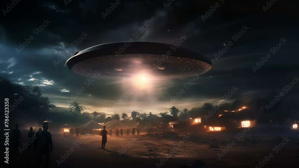 Flying saucer hovering over the forest at night. Alien UFO. Extraterrestrial life, Space travel, Spaceship Flying saucer hovering over the forest at night. Alien UFO. Extraterrestrial life, Space travel, Spaceship