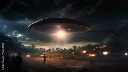 Flying saucer hovering over the forest at night. Alien UFO. Extraterrestrial life, Space travel, Spaceship	