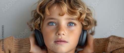 Sensitive Ears: Portrait of a Young Listener. Concept Music Lover Portrait, Ear Protection Tips, Noise Canceling Headphones, Young Listener Lifestyle photo