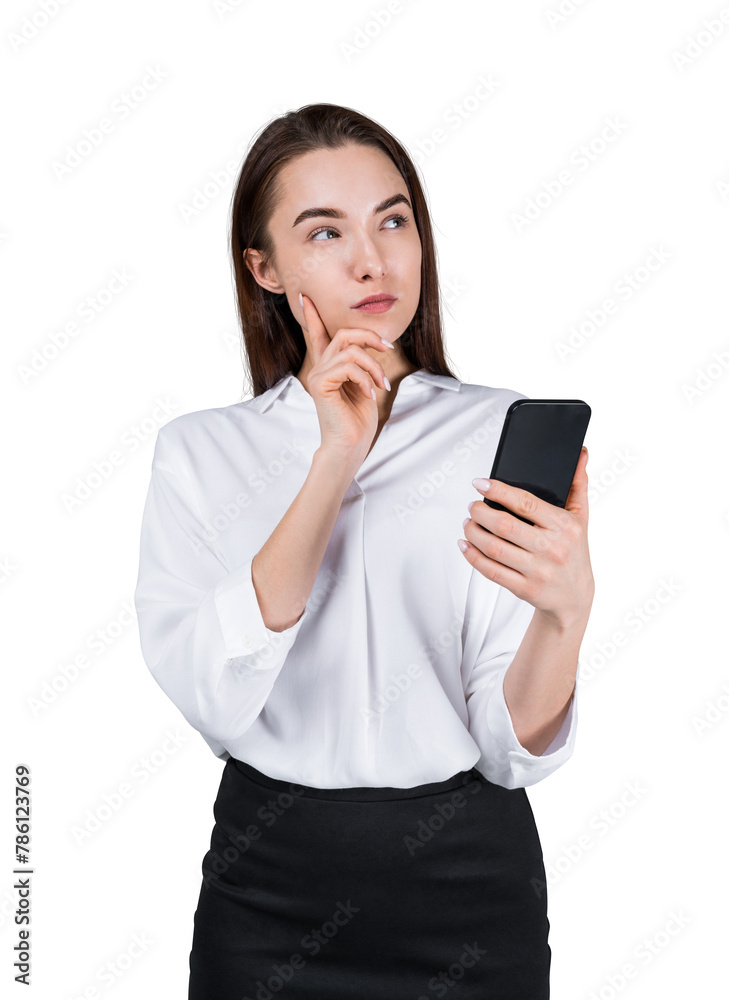 A contemplative woman holding a smartphone on a white background, depicting a business concept A contemplative woman holding a smartphone on a white background, depicting a business concept