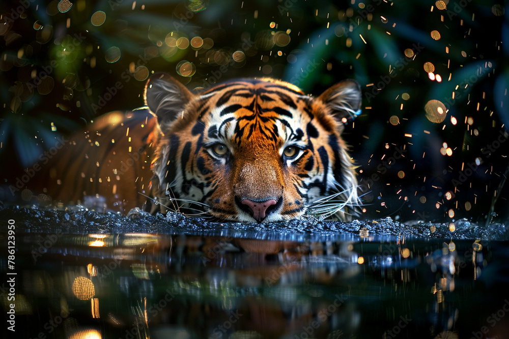 AI generated illustration of a Bengal tiger walking in water