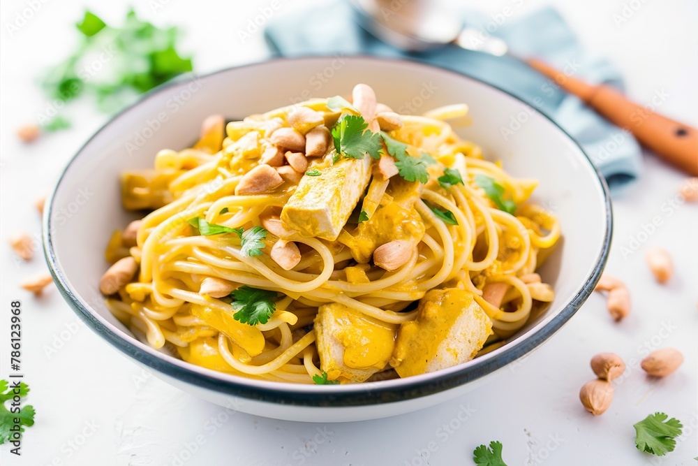 Vegan curry pasta with tofu and peanuts