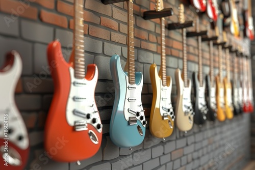 row of guitars are lined up against a wall, with some being green, red photo