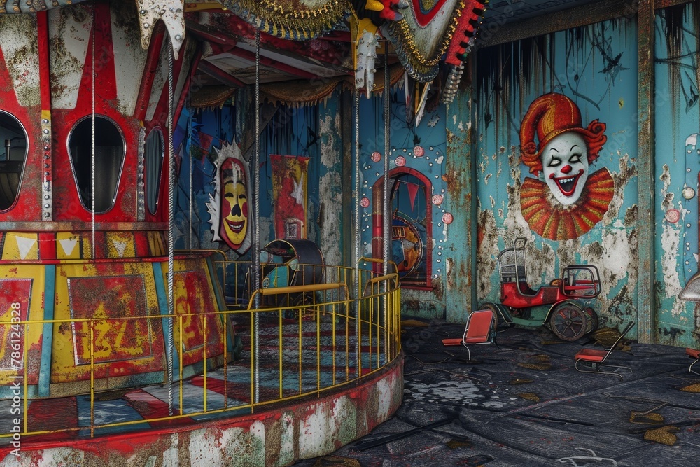 A room with a clown on the wall and a carousel