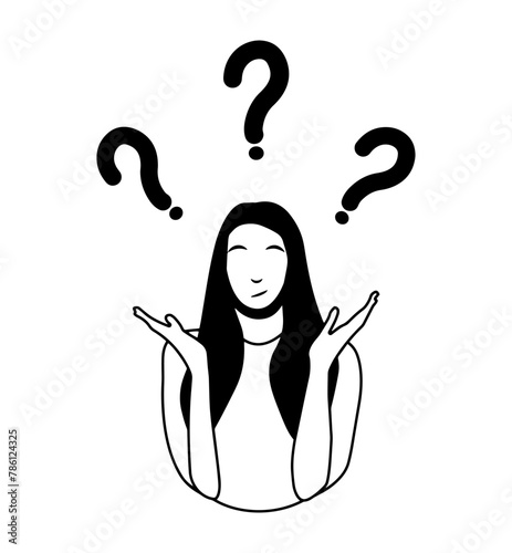 Simple flat vector illustration of question dilemma problem concept, isolated on white cartoon woman character, solution business asking analysis mark.