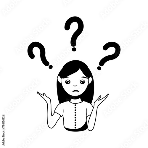 Confused woman face. Simple flat vector illustration of question dilemma problem concept, isolated on white cartoon character, business asking analysis mark.