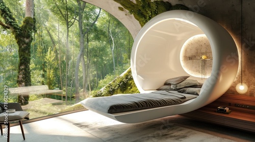 A sleep pod in a room designed for optimal rest, with a wall-sized window overlooking a serene forest