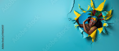 An intriguing image of a woman adorned with a tropical headdress emerging from a torn blue paper  representing freedom and escape