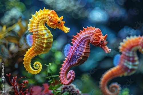 AI generated illustration of seahorses side by side in a tank