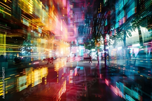 AI generated illustration of a night scene in the city with people walking under street lights